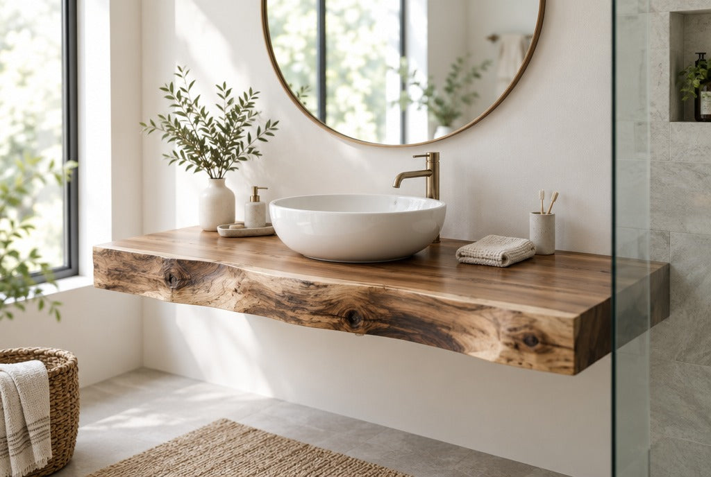 A live edge solid wood floating bathroom vanity with a vessel sink and a round mirror in a bright bathroom