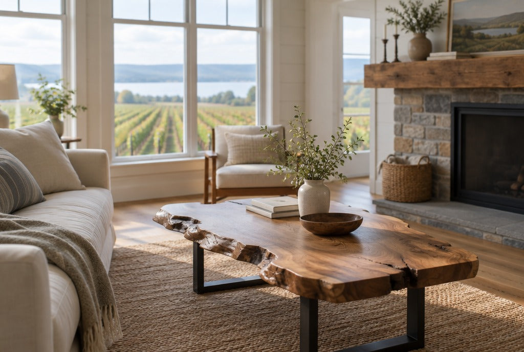 A Finger Lakes farmhouse living room with a live edge coffee table, a mantel shelf and vineyards outside