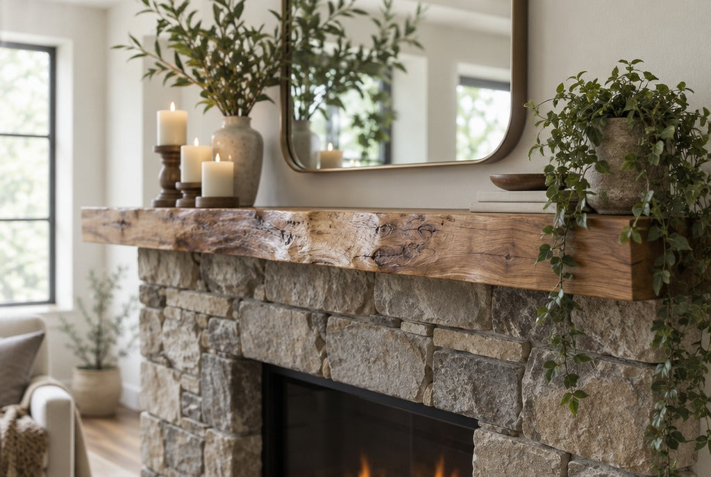 A live edge solid wood mantel shelf above a stone fireplace with candles, a mirror and greenery