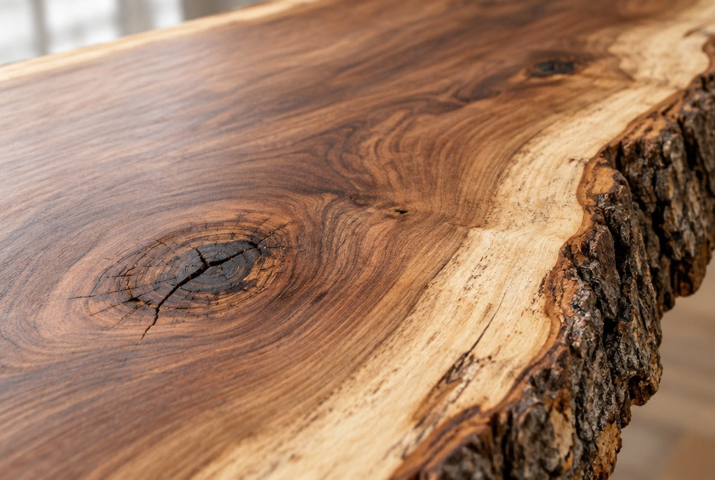 Close-up of a live edge hardwood slab showing grain, knots, sapwood and bark edge in warm light