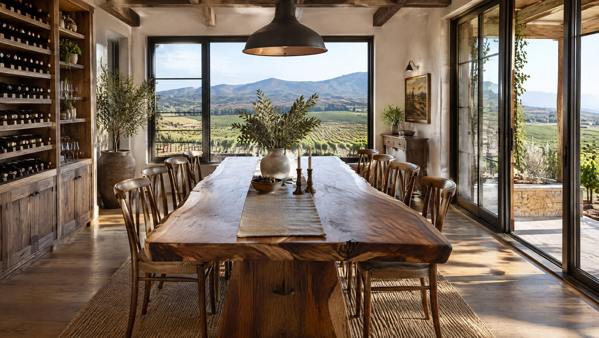 A farmhouse dining room with a long live edge solid wood table and a vineyard view
