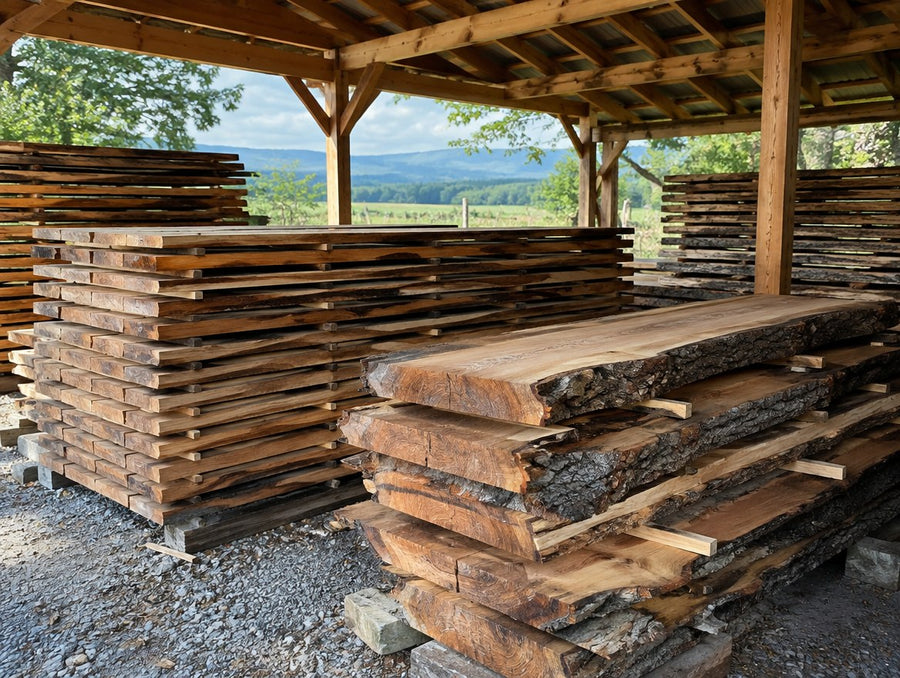 Stacked air-drying hardwood boards and live edge slabs under an open shed roof