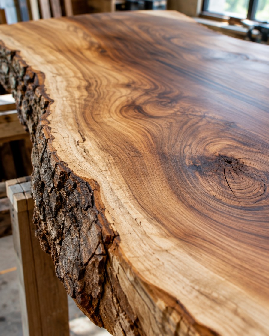 A freshly planed live edge hardwood slab with bark edge and growth rings