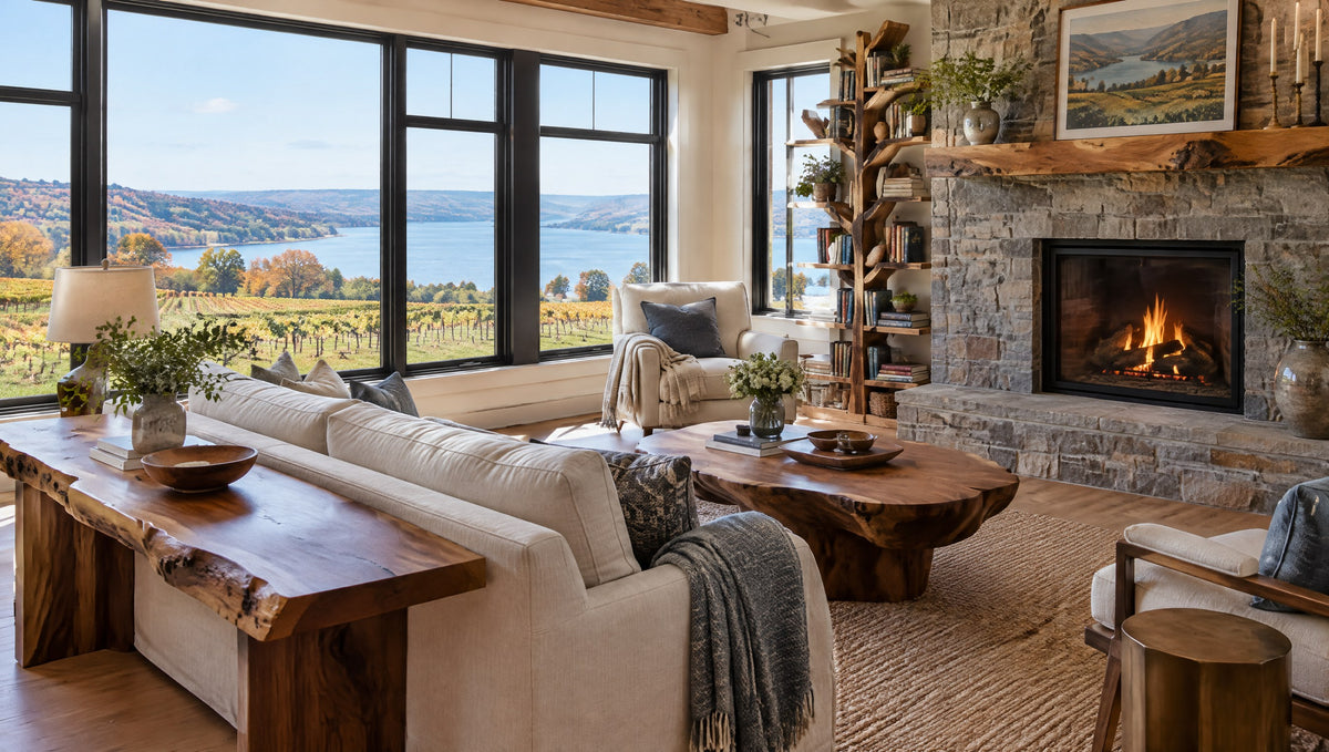 A Finger Lakes farmhouse living room with a live edge console, mantel shelf and vineyards outside