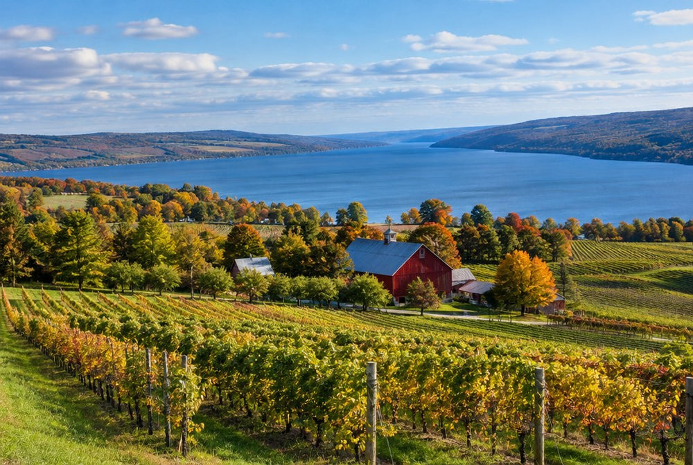 Rolling Finger Lakes countryside with vineyards, a red barn and a long blue lake